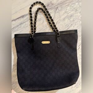 Gucci Tote Hand Bag GG 196750 205011 Monogram with Genuine Black Leather